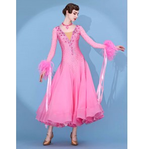 Custom size pink fether competition ballroom dance dresses for women girls kids handmade gemstones bling waltz tango foxtrot smooth senior ballroom dancing long skirts for female